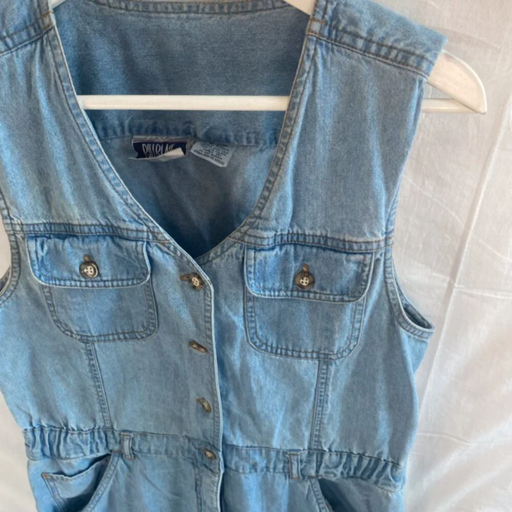Rare Vtg 90s Bill Blass Light Wash Denim Sleeveless Jumpsuit SizeL Logo Pockets - Picture 2 of 6